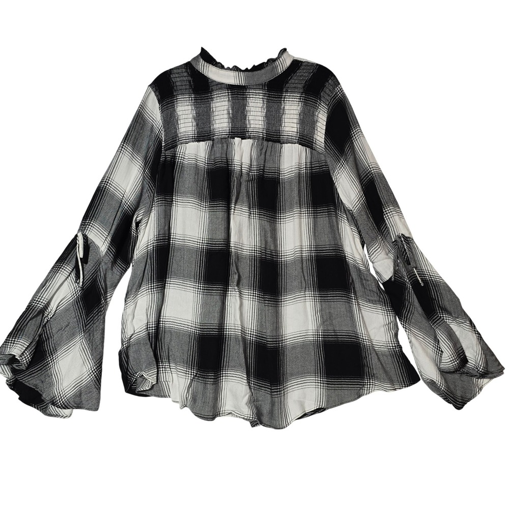 Lane Bryant Womens Black White Plaid‎ Bell Sleeve Smocked Neck Tunic Top 22 Boho